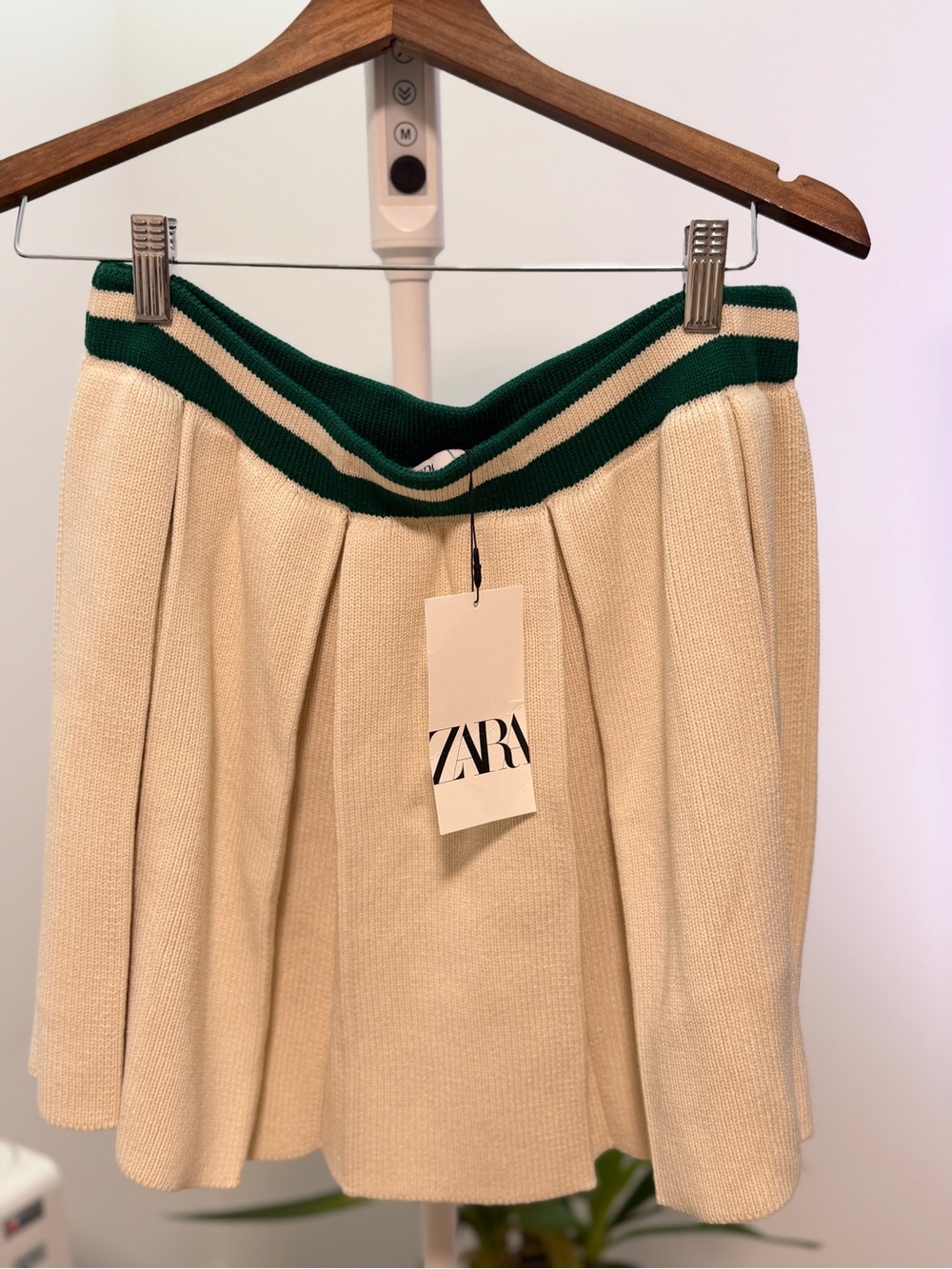 ZARA Cream Skater Skirt with Green Striped Waistband